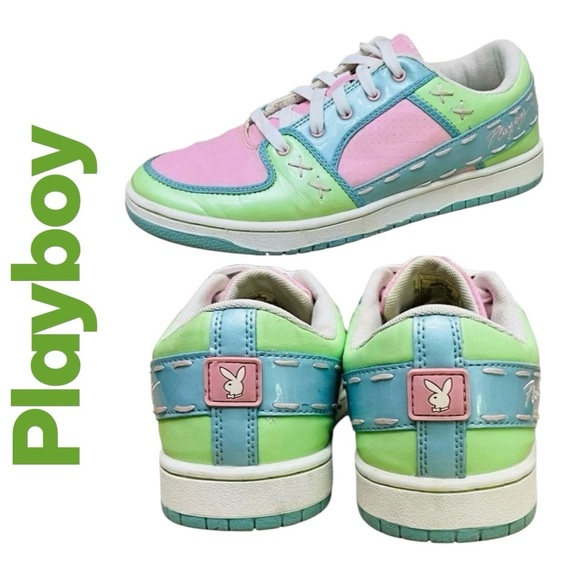 Rare Playboy Vintage 90s Sneakers Green Pink Blue Candy Stitches/Detail Logo 8.5 - Picture 1 of 14